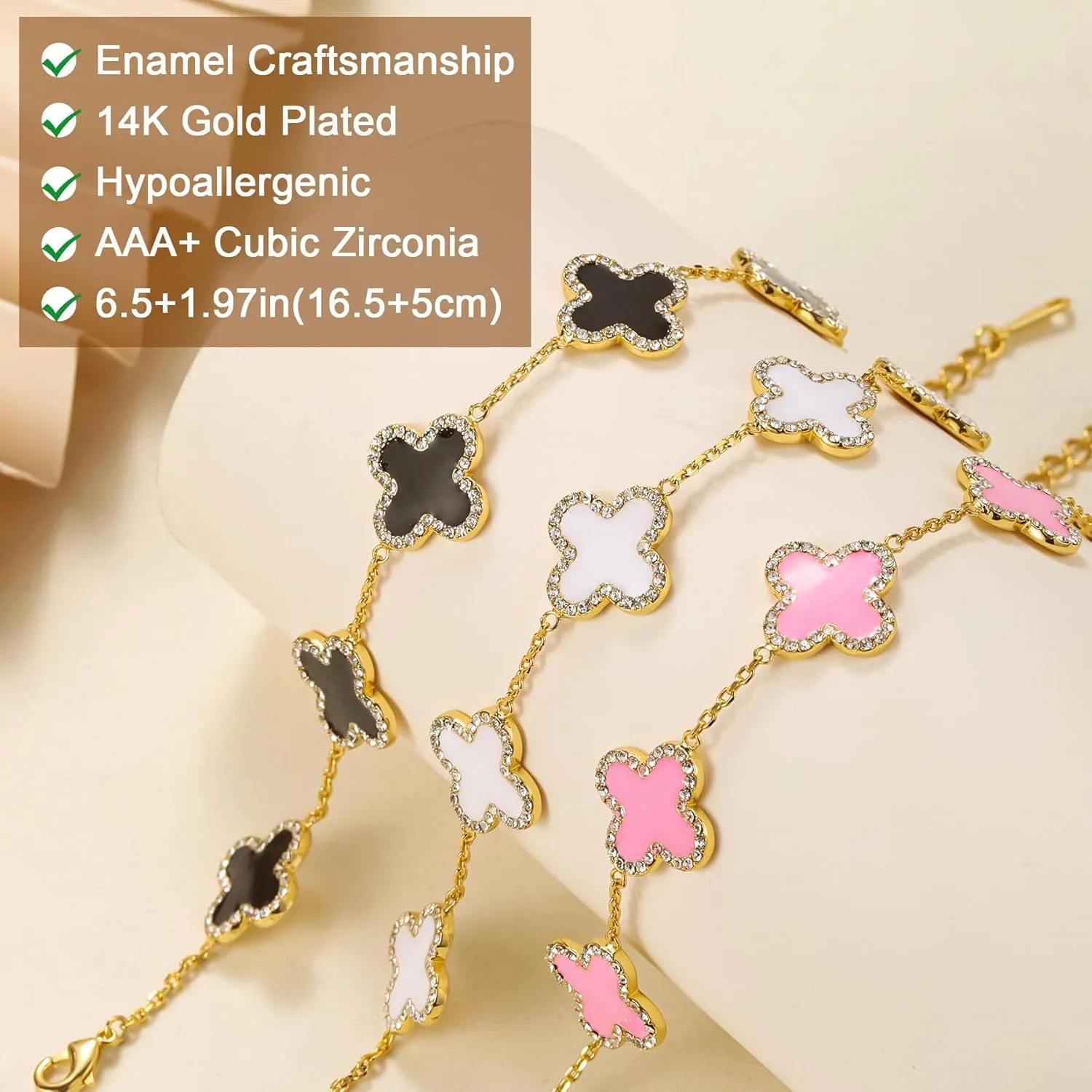 Clover Bracelet for Women 18K Gold Four Leaf Pink Lucky Link Clover Bracelets, Trendy Bracelets Set Jewelry Gifts for Women