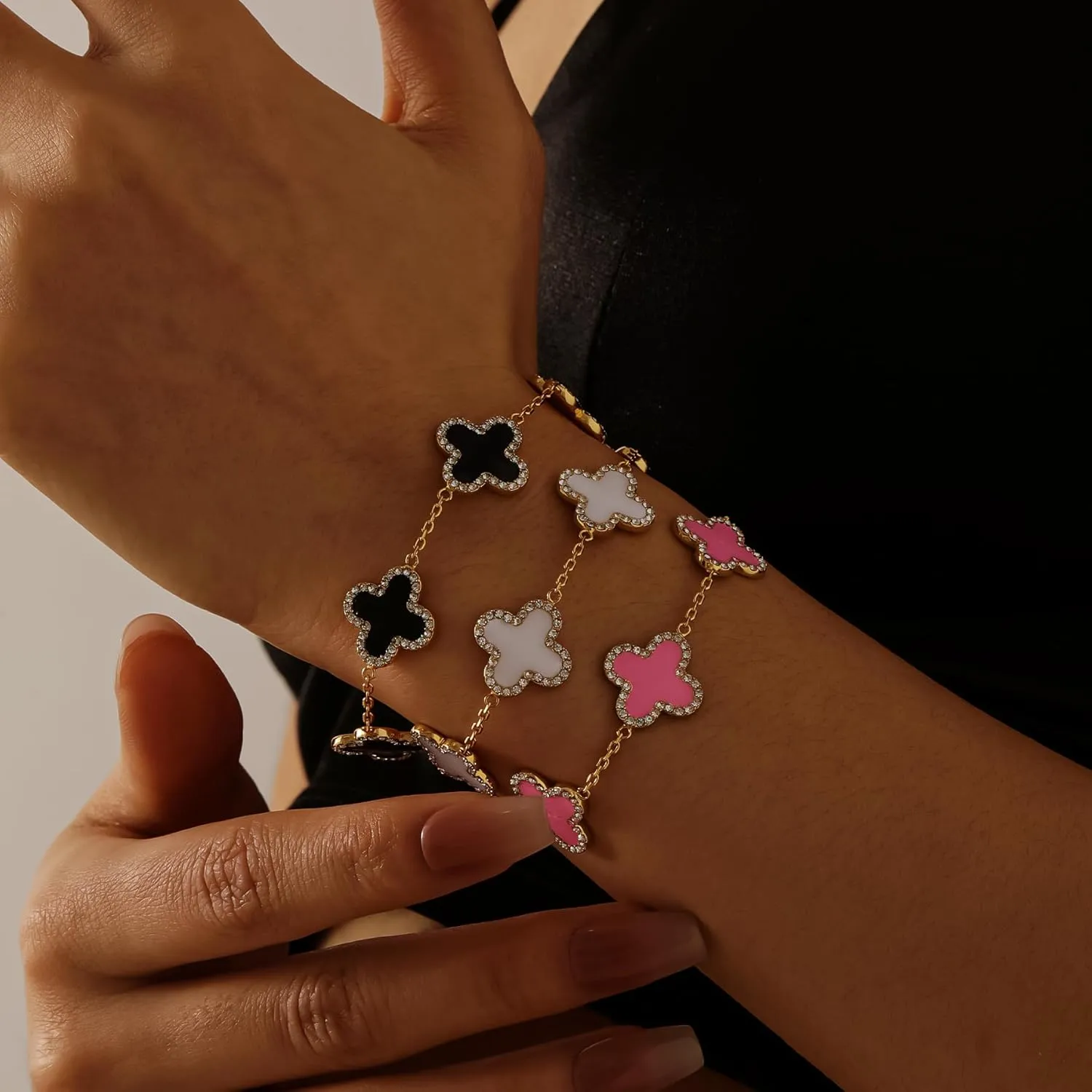 Clover Bracelet for Women 18K Gold Four Leaf Pink Lucky Link Clover Bracelets, Trendy Bracelets Set Jewelry Gifts for Women