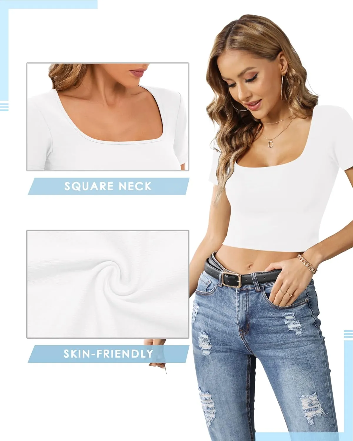 CLOZOZ Crop Tops for Women Square Neck Tops Short Sleeve Crop Tops Basic Cropped T Shirts for Women Slim Fit Crop T-Shirt