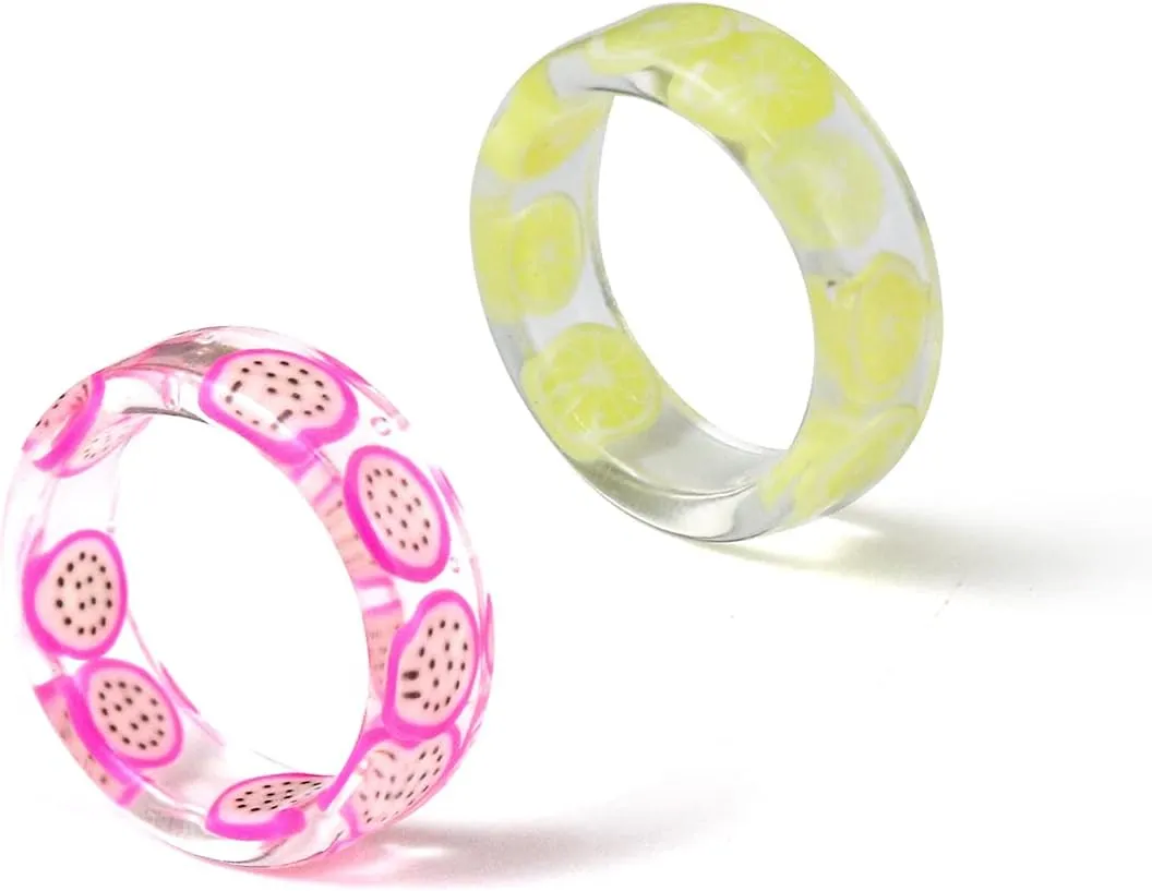 COLORFUL BLING 6pcs Resin Fruit Rings Set Pitaya, Strawberry,Apple,Watermelon Lemon,Kiwi Grape Summer Knuckle Transparent Acrylic Band Ring Chunky for Women Sweet Jewelry