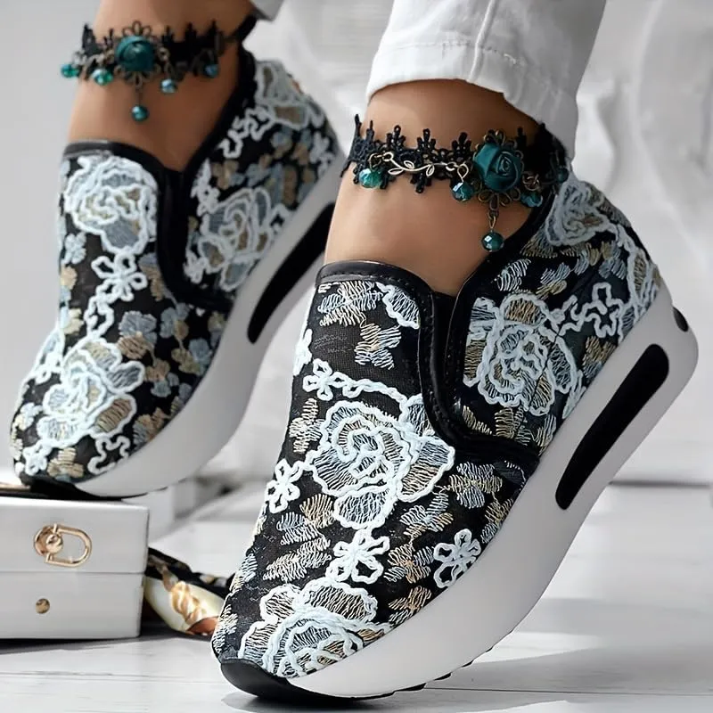 Colorful Flower Embroidered Wedge Sneakers, Women's Slip On Platform Mesh Shoes, Breathable Daily Footwear