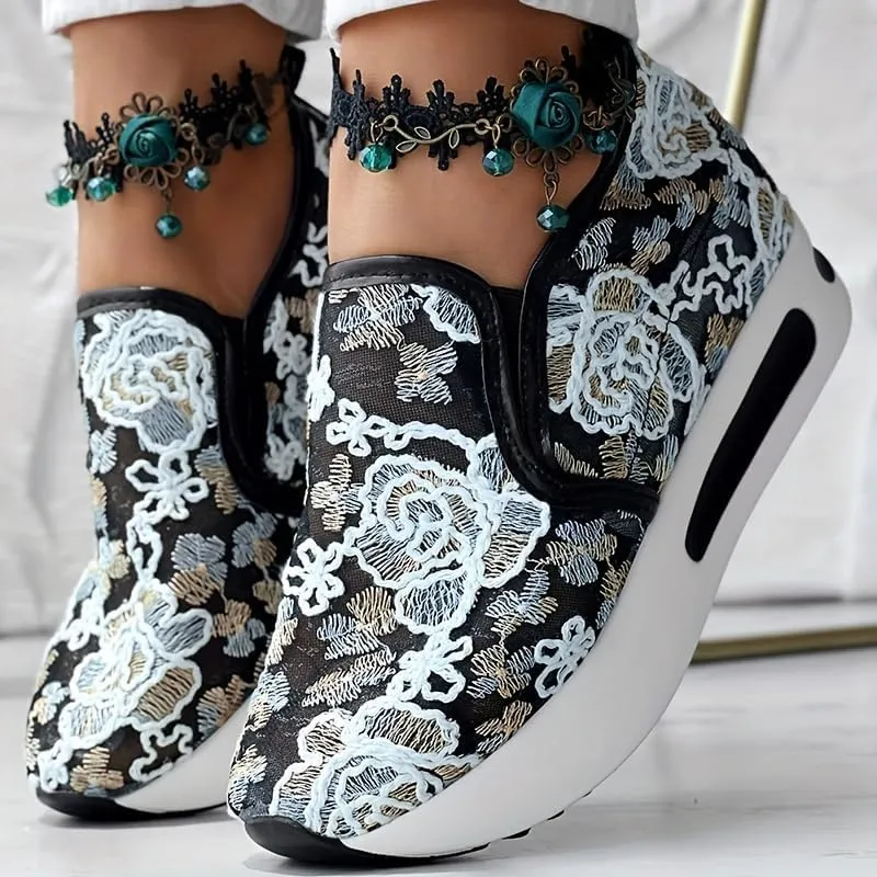 Colorful Flower Embroidered Wedge Sneakers, Women's Slip On Platform Mesh Shoes, Breathable Daily Footwear