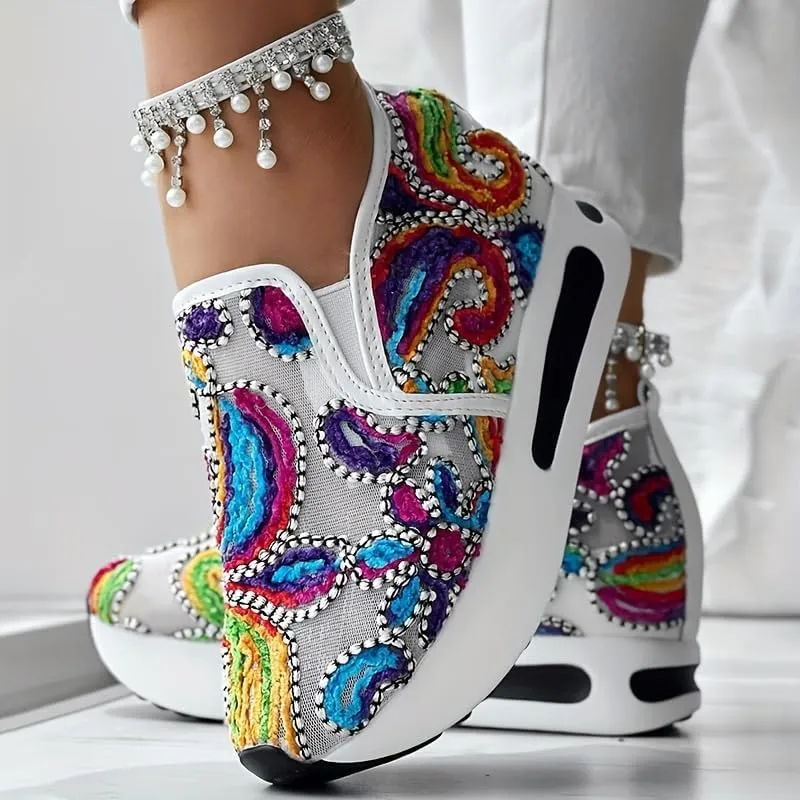 Colorful Flower Embroidered Wedge Sneakers, Women's Slip On Platform Mesh Shoes, Breathable Daily Footwear