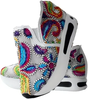 Colorful Flower Embroidered Wedge Sneakers, Women's Slip On Platform Mesh Shoes, Breathable Daily Footwear