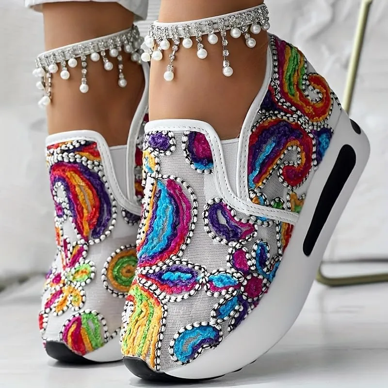 Colorful Flower Embroidered Wedge Sneakers, Women's Slip On Platform Mesh Shoes, Breathable Daily Footwear