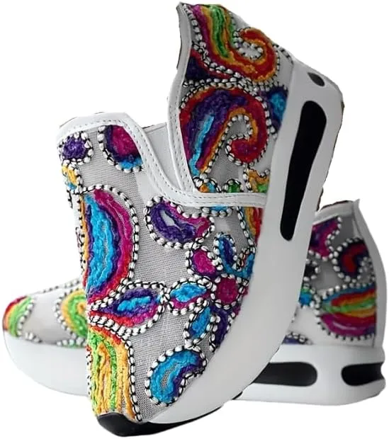 Colorful Flower Embroidered Wedge Sneakers, Women's Slip On Platform Mesh Shoes, Breathable Daily Footwear