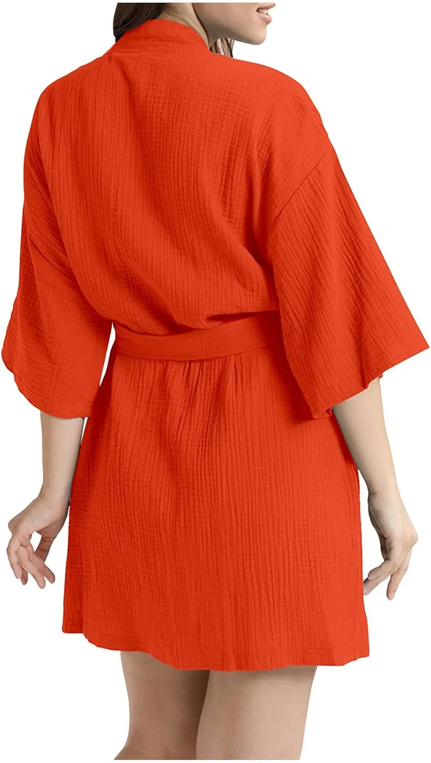 Cotton Bath Robe for Women Lightweight Textured Waffle Half Sleeve Robe with Belt Ladies Plain Loungewear Sleepwear