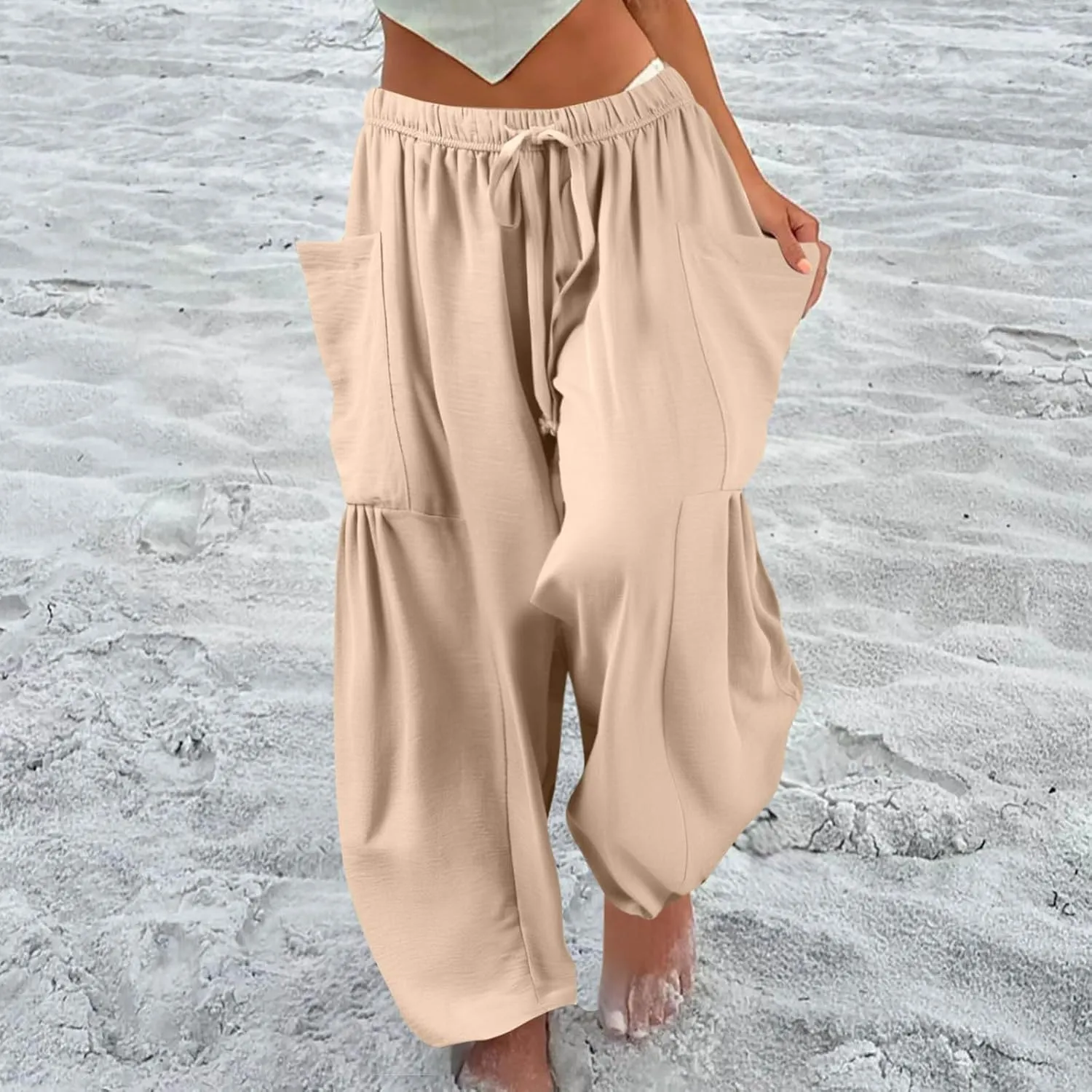 Cotton Linen Pants Women Capri Wide Leg Pants Palazzo Lounge Pant Drawstring Summer Beach Harem Pant with Pockets