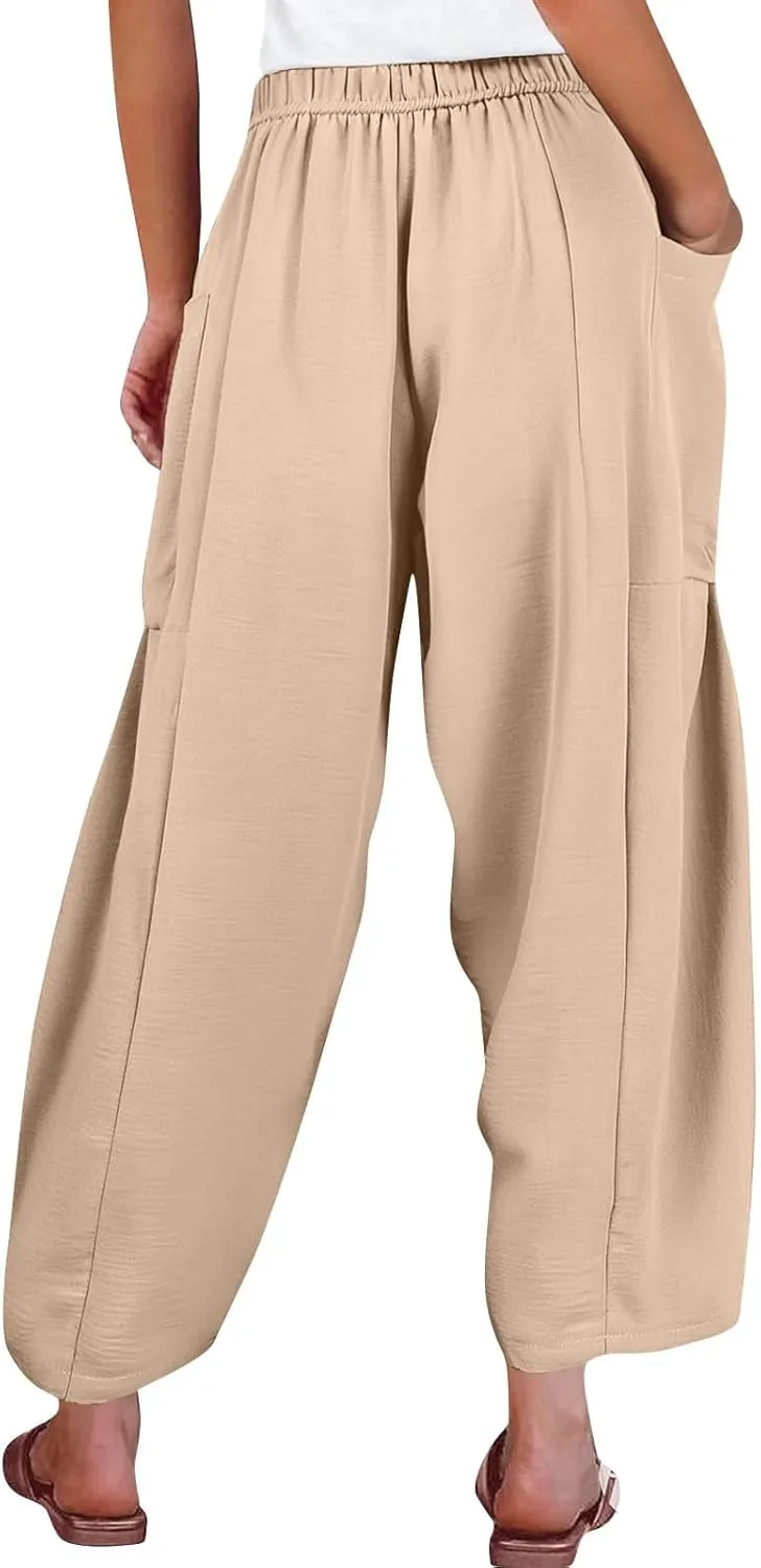 Cotton Linen Pants Women Capri Wide Leg Pants Palazzo Lounge Pant Drawstring Summer Beach Harem Pant with Pockets