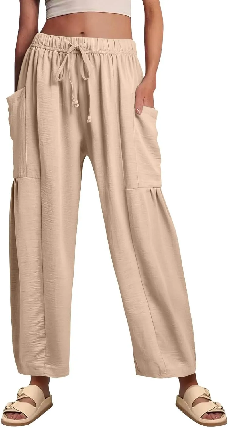 Cotton Linen Pants Women Capri Wide Leg Pants Palazzo Lounge Pant Drawstring Summer Beach Harem Pant with Pockets