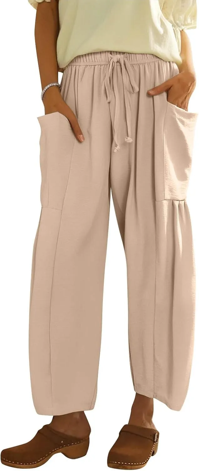 Cotton Linen Pants Women Capri Wide Leg Pants Palazzo Lounge Pant Drawstring Summer Beach Harem Pant with Pockets