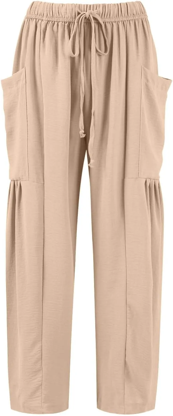 Cotton Linen Pants Women Capri Wide Leg Pants Palazzo Lounge Pant Drawstring Summer Beach Harem Pant with Pockets