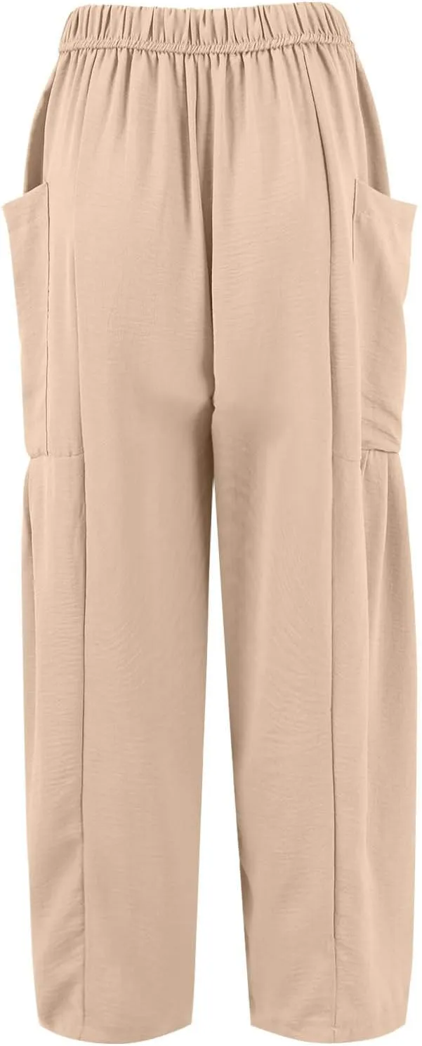 Cotton Linen Pants Women Capri Wide Leg Pants Palazzo Lounge Pant Drawstring Summer Beach Harem Pant with Pockets