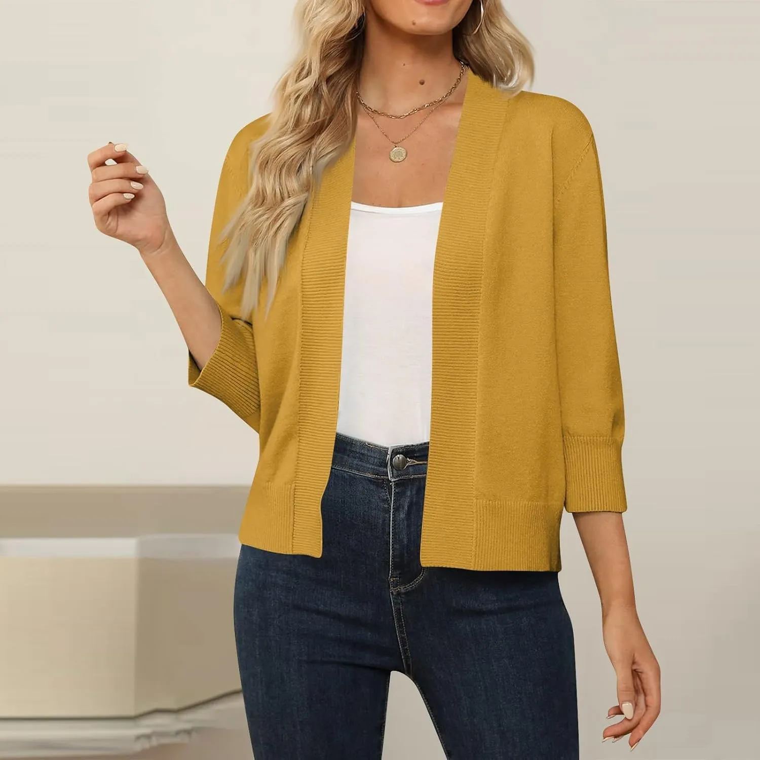 Cropped Cardigan Sweaters for Women Lightweight 3/4 Sleeve Open Front Short Shrugs Cardigans Fall Sweater Jacket Tops