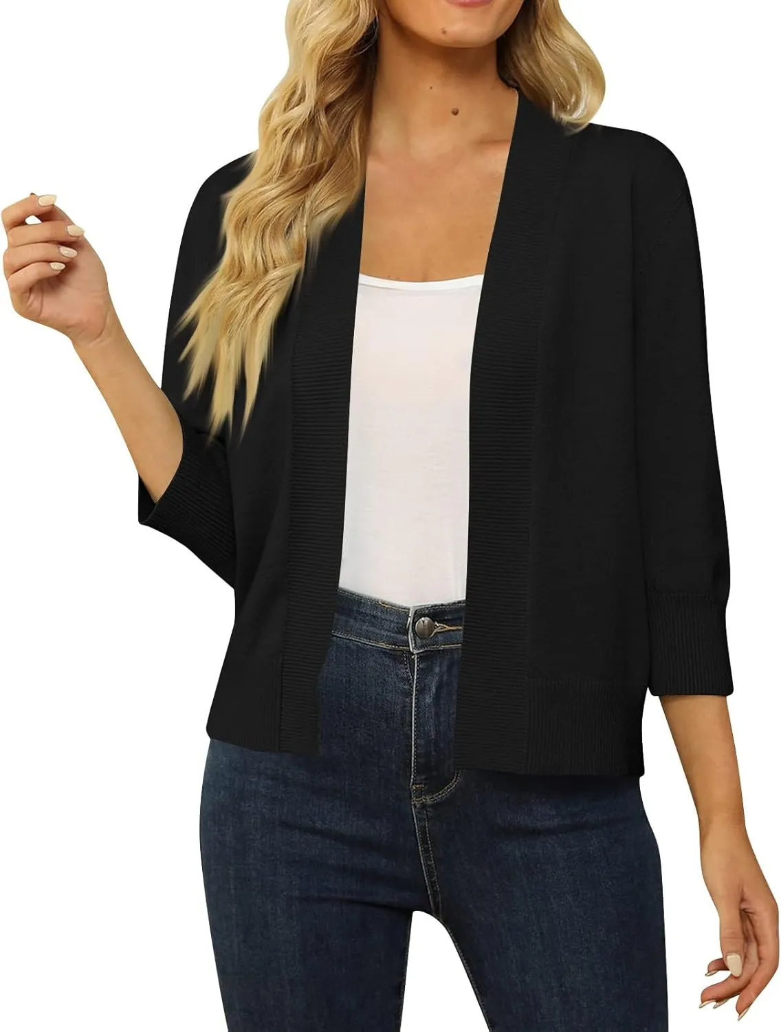 Cropped Cardigan Sweaters for Women Lightweight 3/4 Sleeve Open Front Short Shrugs Cardigans Fall Sweater Jacket Tops