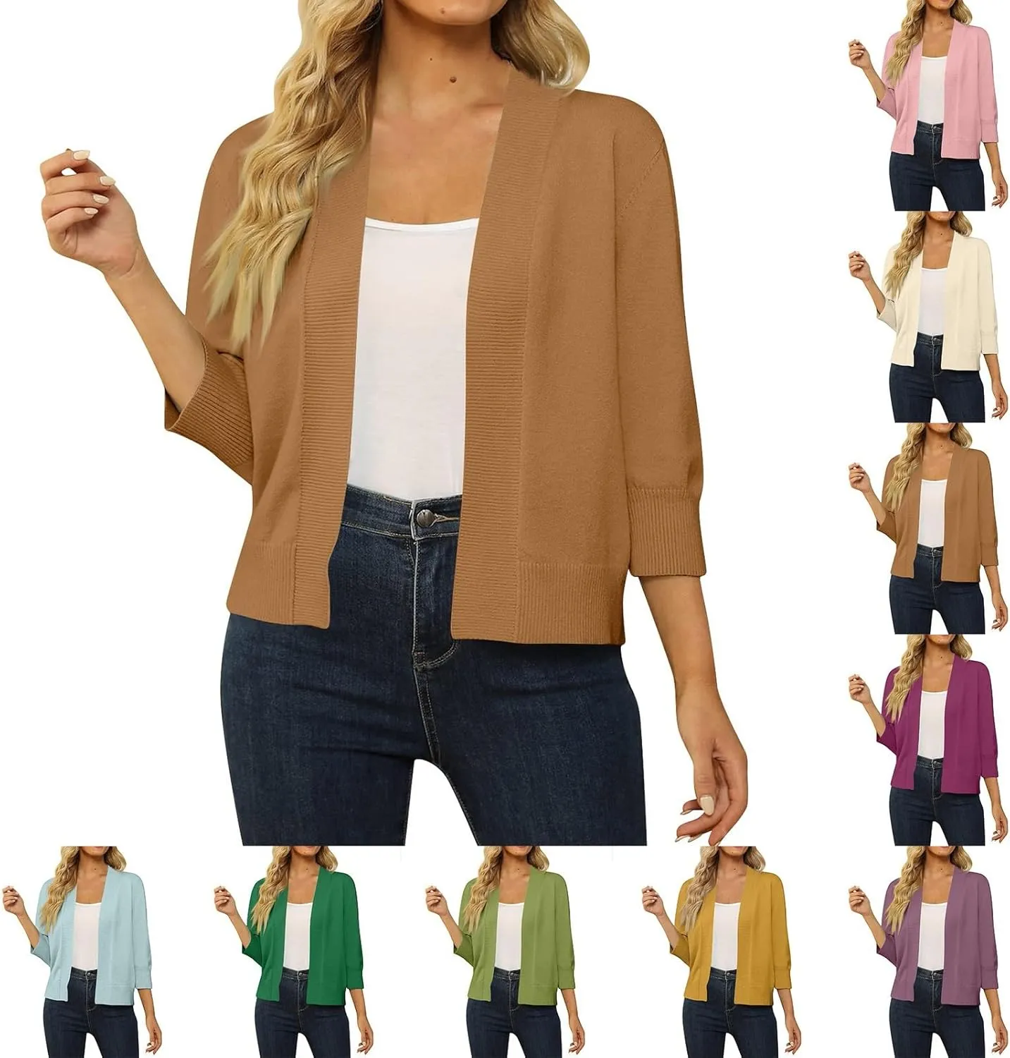 Cropped Cardigan Sweaters for Women Lightweight 3/4 Sleeve Open Front Short Shrugs Cardigans Fall Sweater Jacket Tops