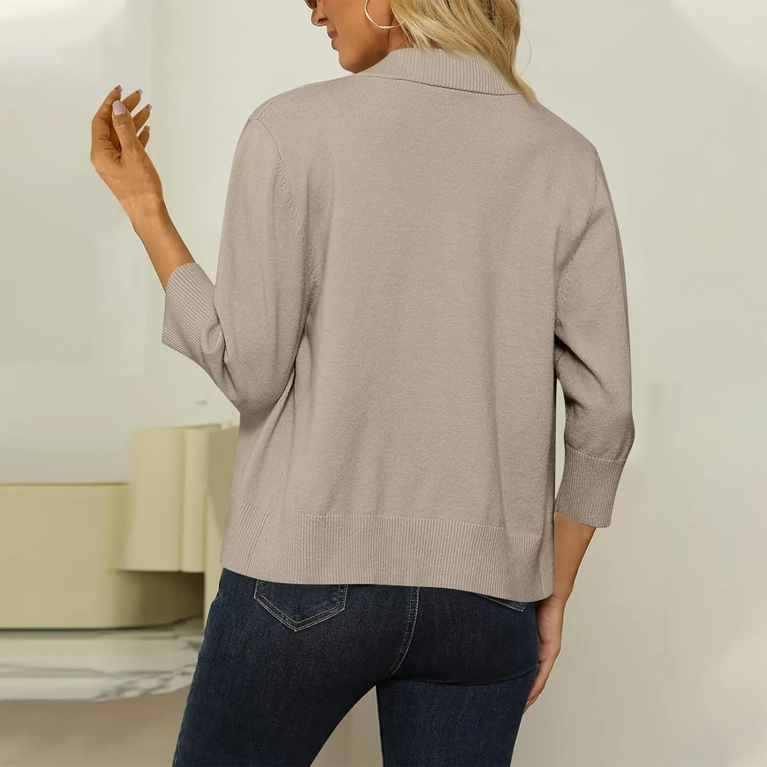 Cropped Cardigan Sweaters for Women Lightweight 3/4 Sleeve Open Front Short Shrugs Cardigans Fall Sweater Jacket Tops