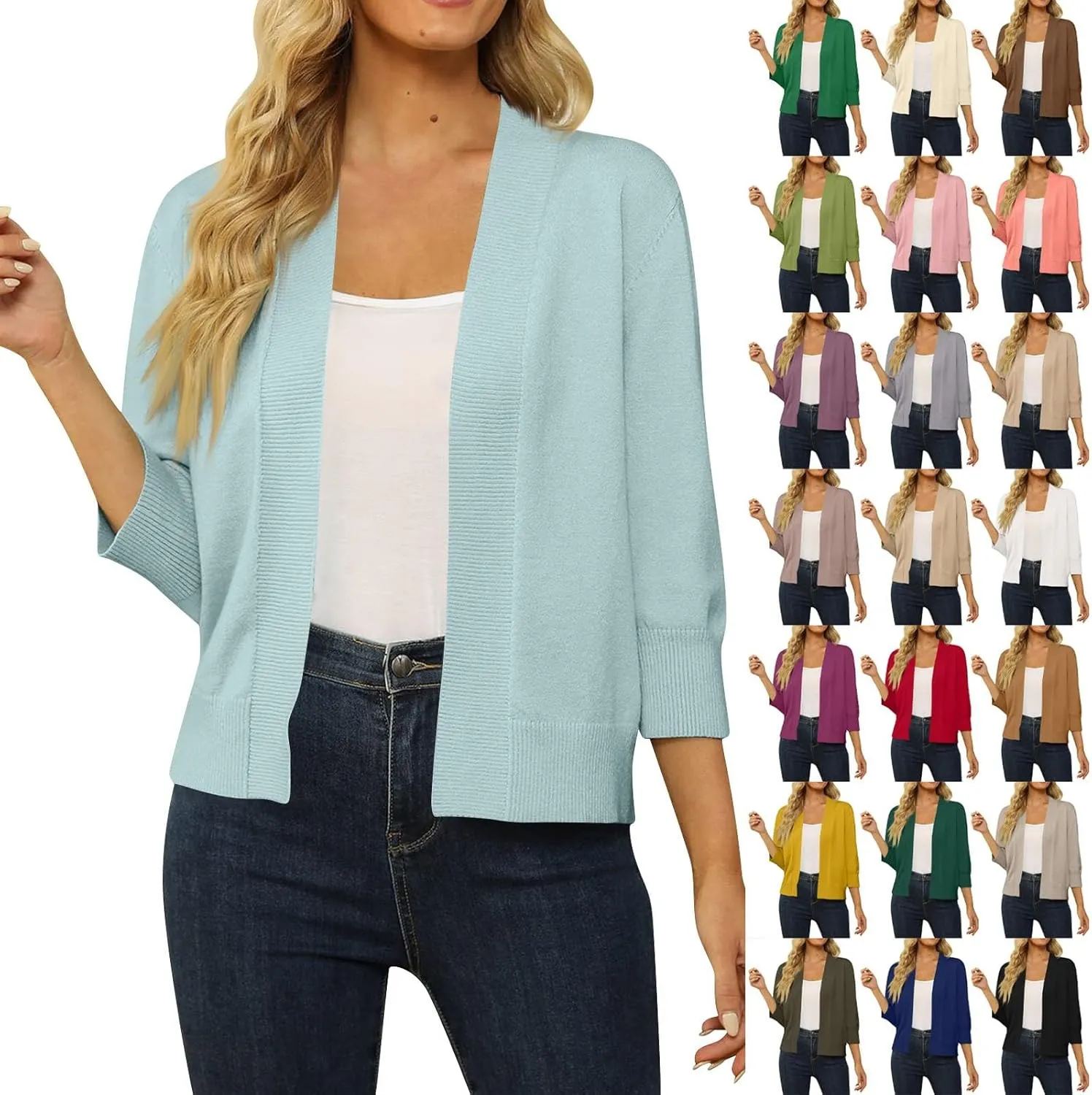 Cropped Cardigan Sweaters for Women Lightweight 3/4 Sleeve Open Front Short Shrugs Cardigans Fall Sweater Jacket Tops