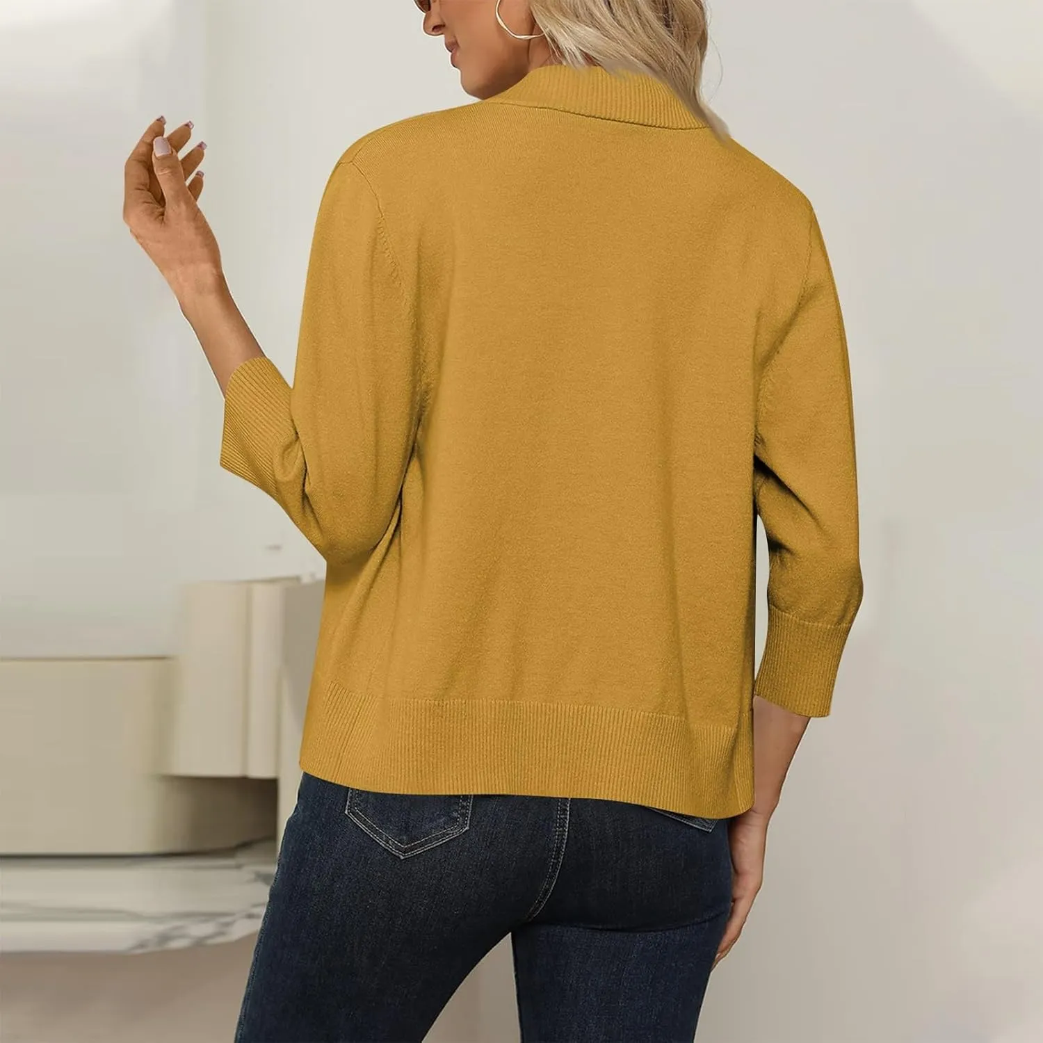 Cropped Cardigan Sweaters for Women Lightweight 3/4 Sleeve Open Front Short Shrugs Cardigans Fall Sweater Jacket Tops