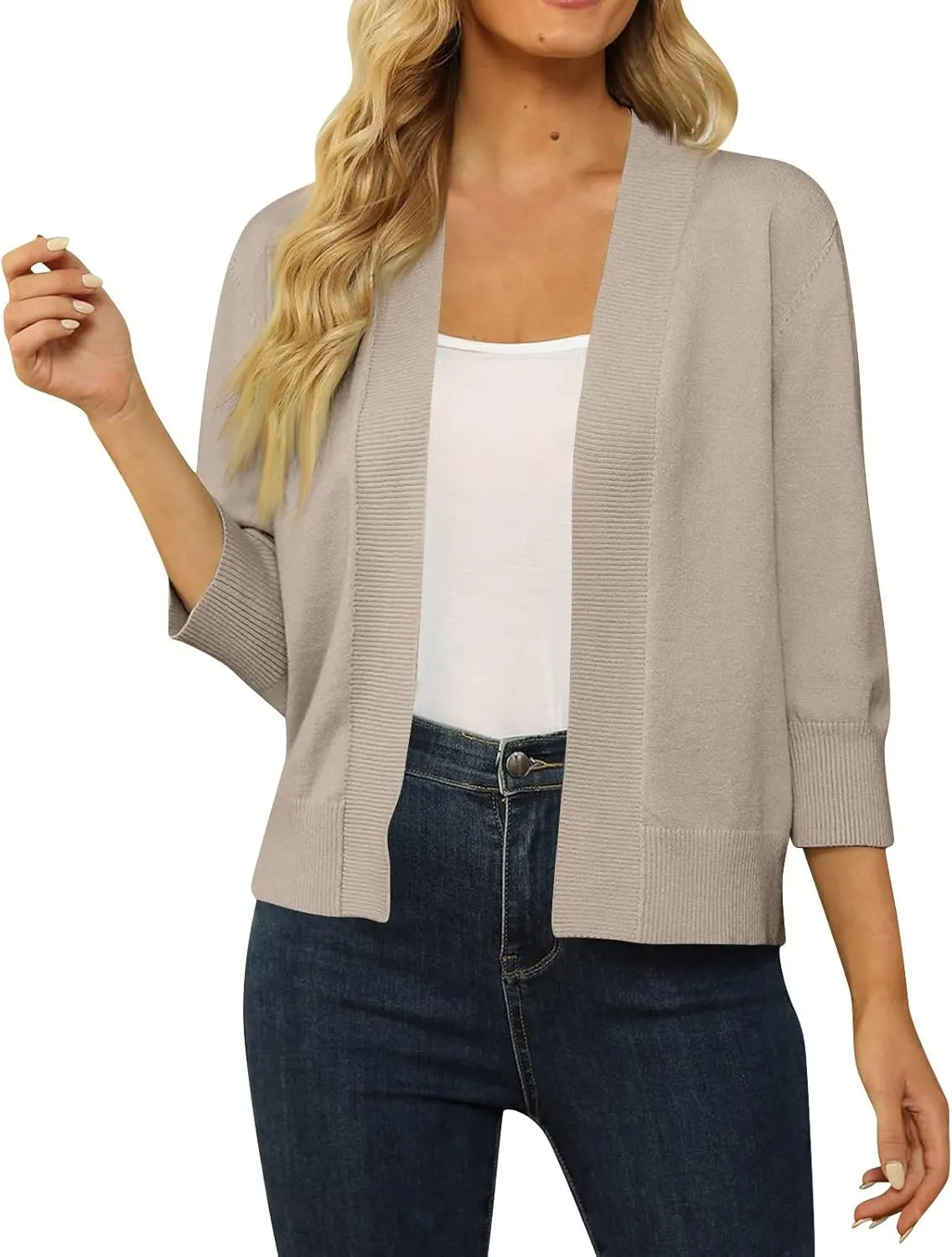 Cropped Cardigan Sweaters for Women Lightweight 3/4 Sleeve Open Front Short Shrugs Cardigans Fall Sweater Jacket Tops