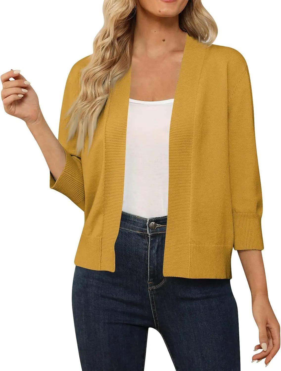 Cropped Cardigan Sweaters for Women Lightweight 3/4 Sleeve Open Front Short Shrugs Cardigans Fall Sweater Jacket Tops