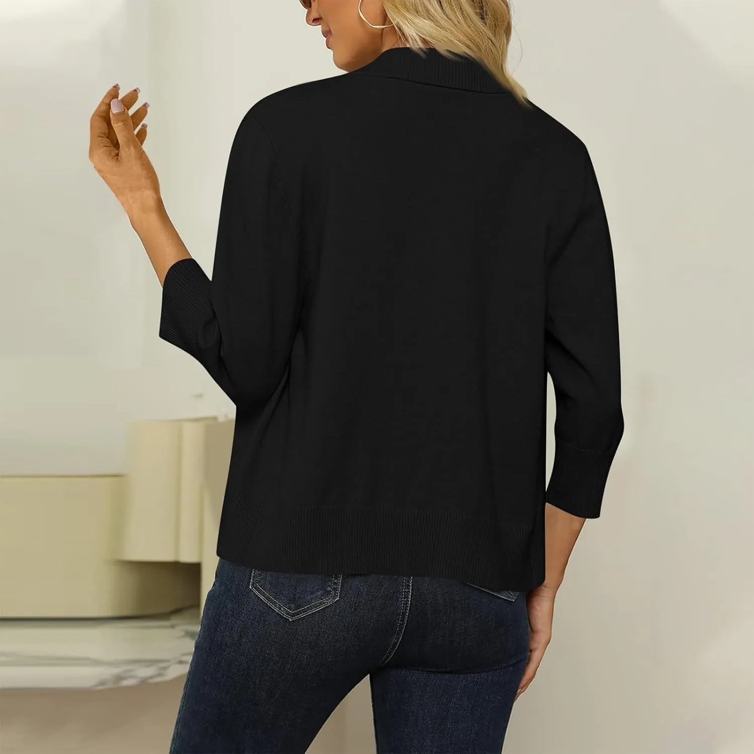Cropped Cardigan Sweaters for Women Lightweight 3/4 Sleeve Open Front Short Shrugs Cardigans Fall Sweater Jacket Tops