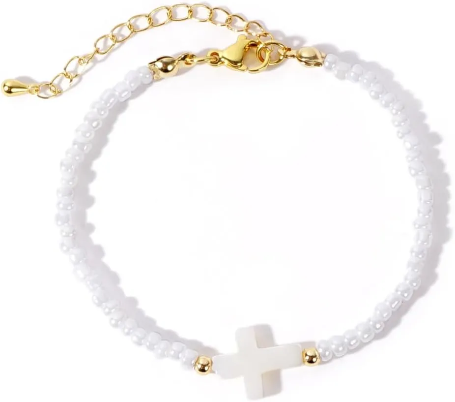Cross Gemstone Beaded Bracelets for Women, Trendy Boho White Handmade Beads Summer Beach Bohemian Jewelry Gift