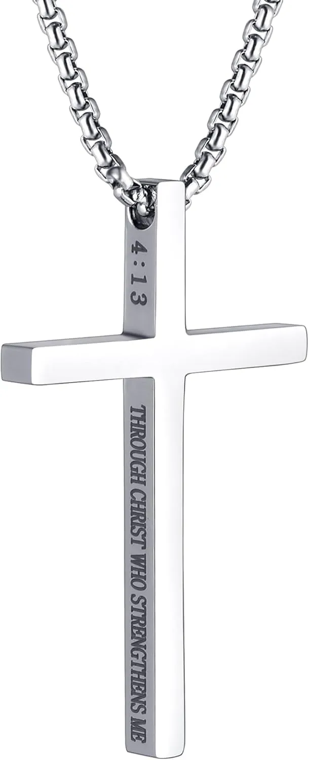 Cross Necklace for Men Christmas Gift Cross Pendant Strength Bible Verse Stainless Steel Necklaces
