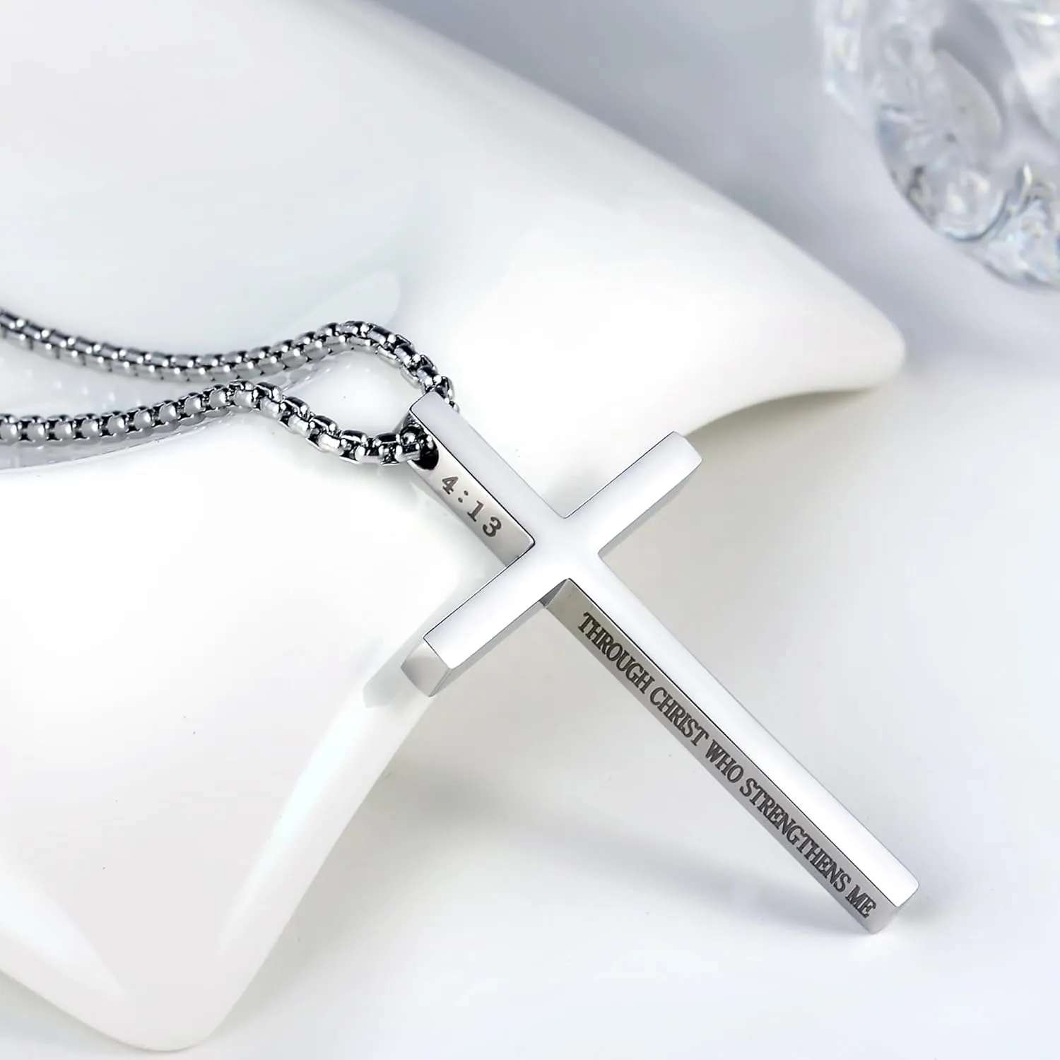 Cross Necklace for Men Christmas Gift Cross Pendant Strength Bible Verse Stainless Steel Necklaces