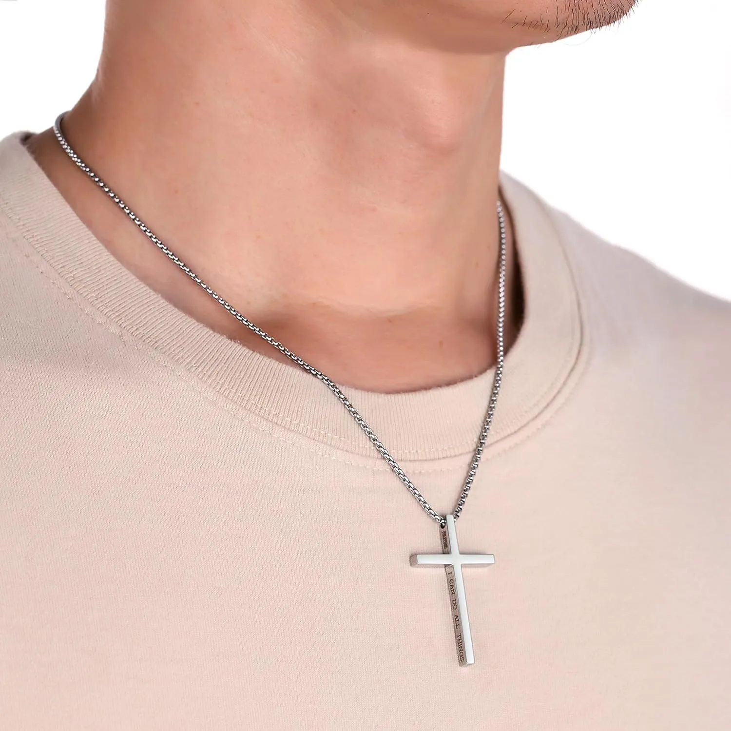 Cross Necklace for Men Christmas Gift Cross Pendant Strength Bible Verse Stainless Steel Necklaces
