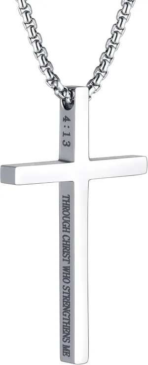 Cross Necklace for Men Christmas Gift Cross Pendant Strength Bible Verse Stainless Steel Necklaces