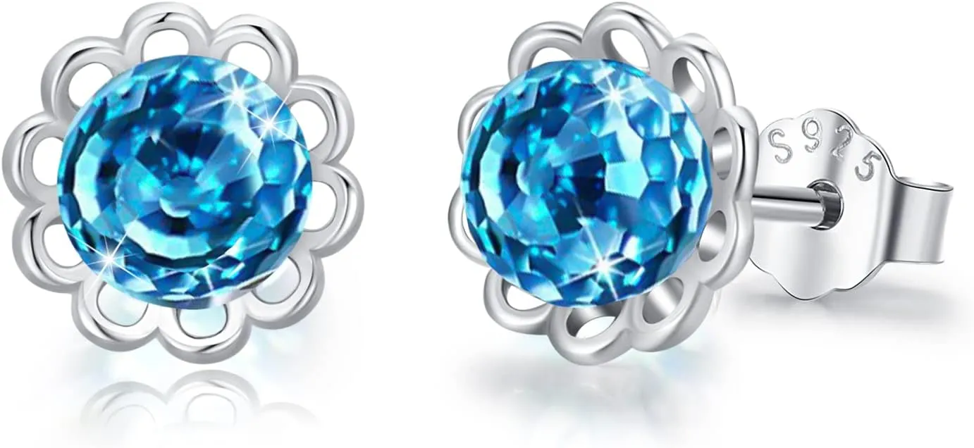 Crystal Ball Stud Earrings Sterling Silver Aurora Borealis Round AB Red/Blue Crystal Stud Earrings Jewelry Gifts for Women Mother's Day