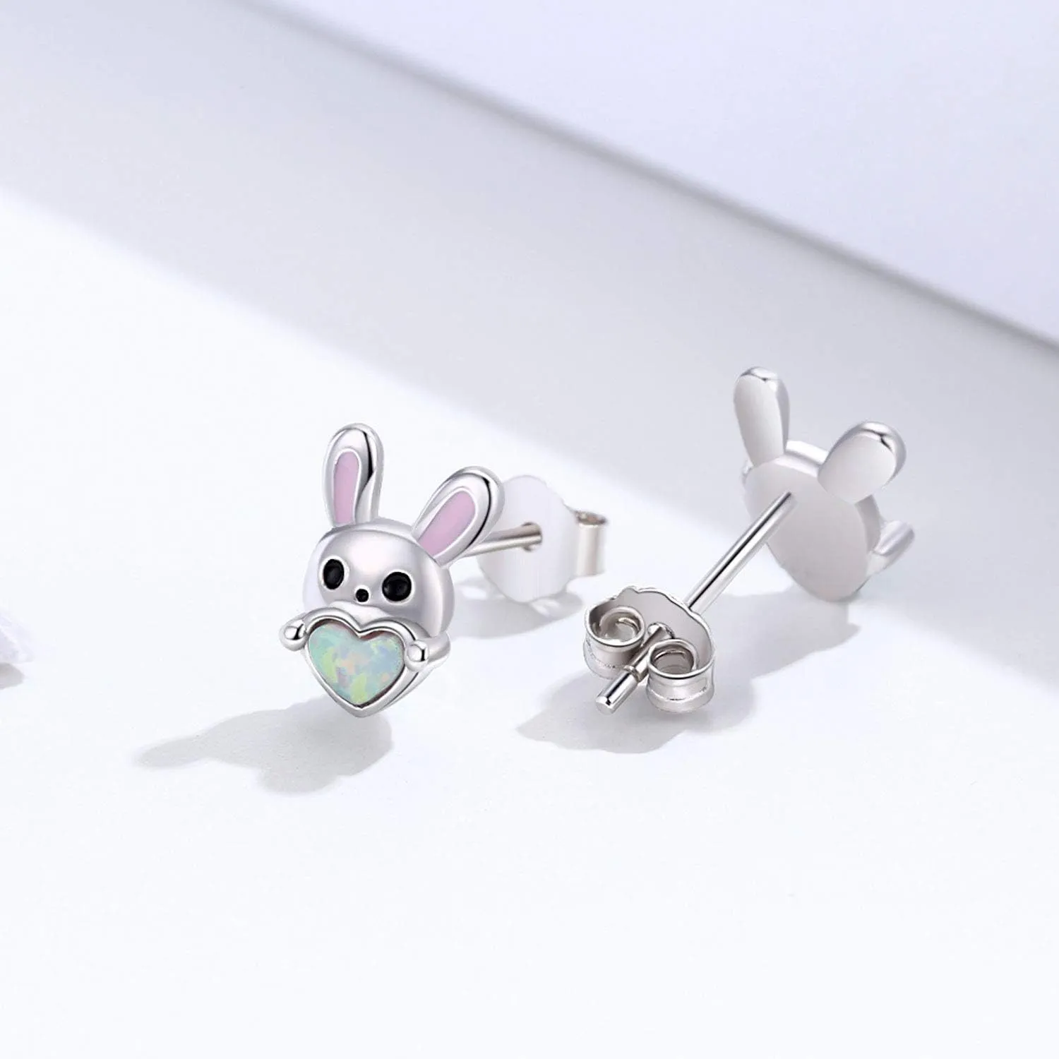 CUOKA MIRACLE Rabbit Opal Bunny Stud Earrings - Sterling Silver, Hypoallergenic, Perfect for Sensitive Ears - White/Pink, Cute Animal, Birthday Gifts
