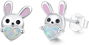 CUOKA MIRACLE Rabbit Opal Bunny Stud Earrings - Sterling Silver, Hypoallergenic, Perfect for Sensitive Ears - White/Pink, Cute Animal, Birthday Gifts