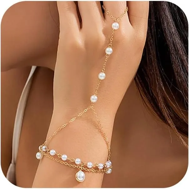 Cute Beaded Pearl Gold Hand Chain Bracelets Rings for Women Dainty, Exquisite Beads Pearls Finger Ring Slave Bracelet Party Prom Jewelry Accessories Gift
