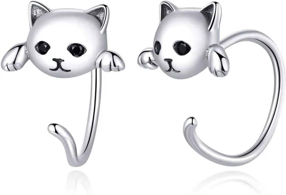 Cute Cat Half Hoop Earrings S925 Sterling Silver Lovely Pet Animal Huggie Hoops Wrap Cuffs Stud Earring Ear Piercing Cartilage Jewelry Dainty Gifts for Women Daughter Sensitive Ears