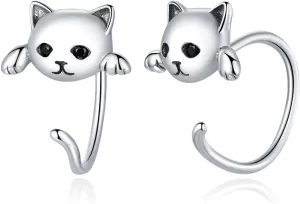 Cute Cat Half Hoop Earrings S925 Sterling Silver Lovely Pet Animal Huggie Hoops Wrap Cuffs Stud Earring Ear Piercing Cartilage Jewelry Dainty Gifts for Women Daughter Sensitive Ears