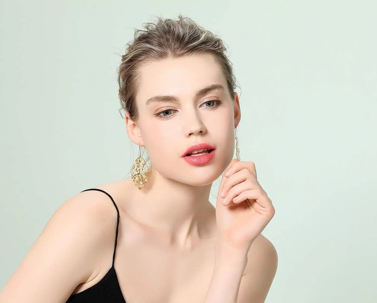 Cyan Birdee Leaf Dangle Earrings for Women Gold-plated Filigree Dropping Lightweight Fashion Jewelry, Mother's Day Gift