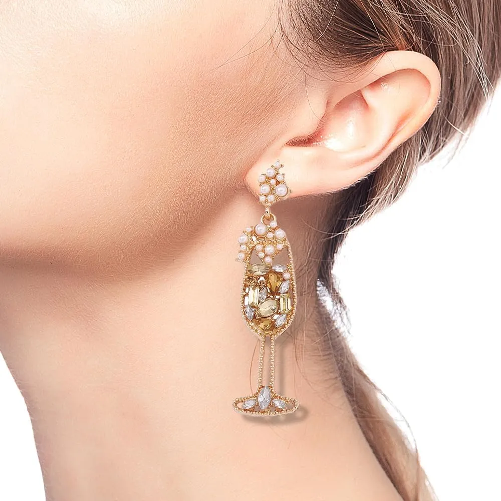 Dainty Champagne Goblet Rhinestone Dangling Earrings for Women,Sparkly Pearl Wine Glass Statement Hanging Earrings, Charm Party Festival Jewelry Gifts