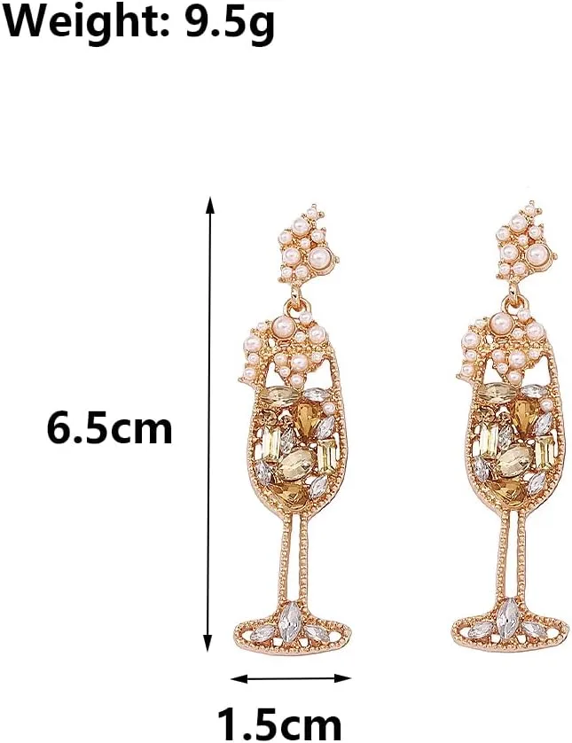 Dainty Champagne Goblet Rhinestone Dangling Earrings for Women,Sparkly Pearl Wine Glass Statement Hanging Earrings, Charm Party Festival Jewelry Gifts