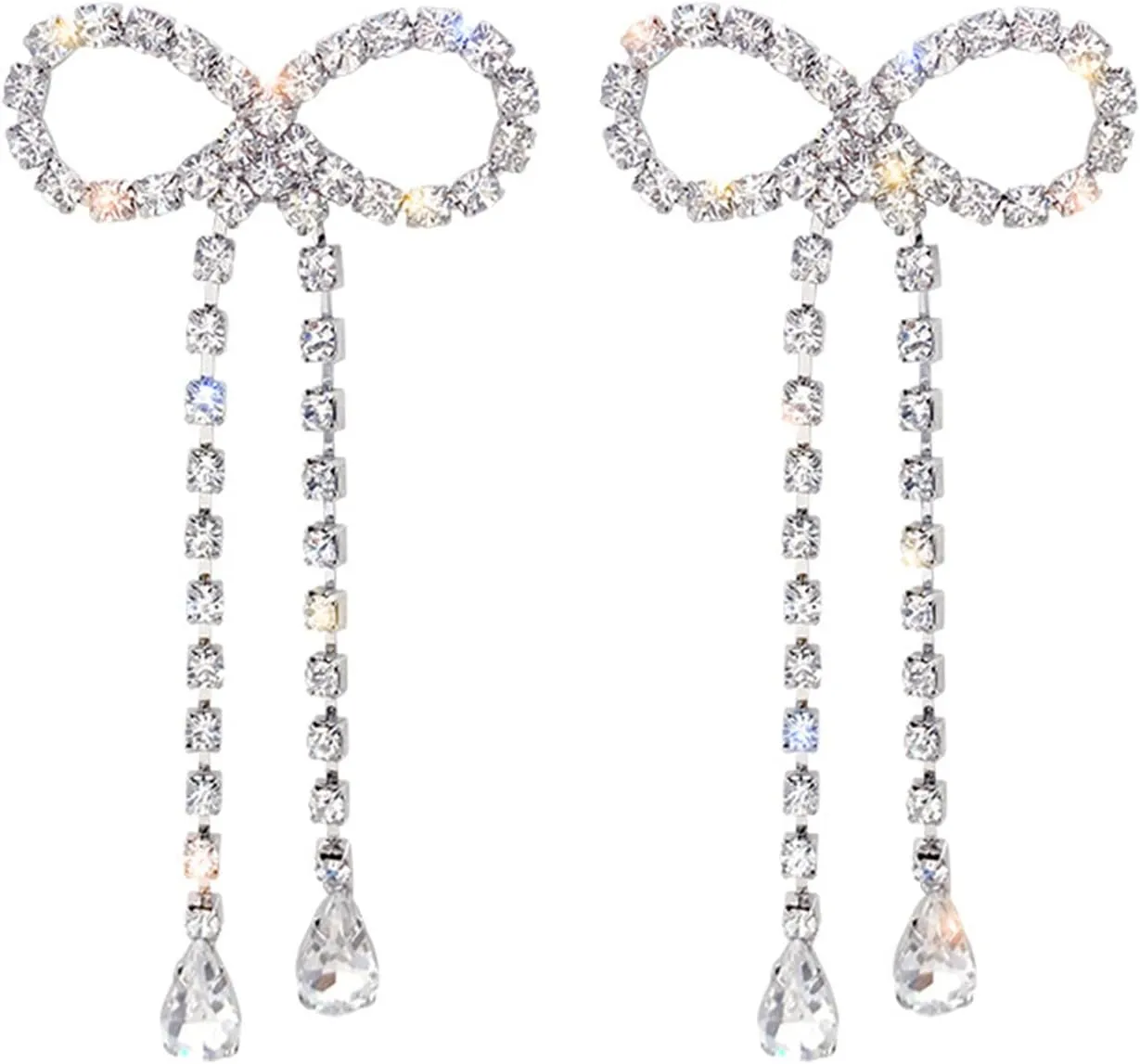 Dainty Crystal Bowknot Tassels Statement Drop Earrings Trendy Unique Shiny Rhinestones Dangle Earrings for Women