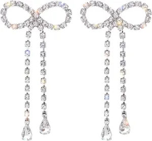 Dainty Crystal Bowknot Tassels Statement Drop Earrings Trendy Unique Shiny Rhinestones Dangle Earrings for Women