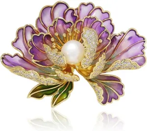 Dainty Flower Brooch Pins for Women Graceful Cubic Zircon Peony Pearl Enamel Badges Lapel Pins Trendy Banquet Prom Dress Jewelry Accessories Gift