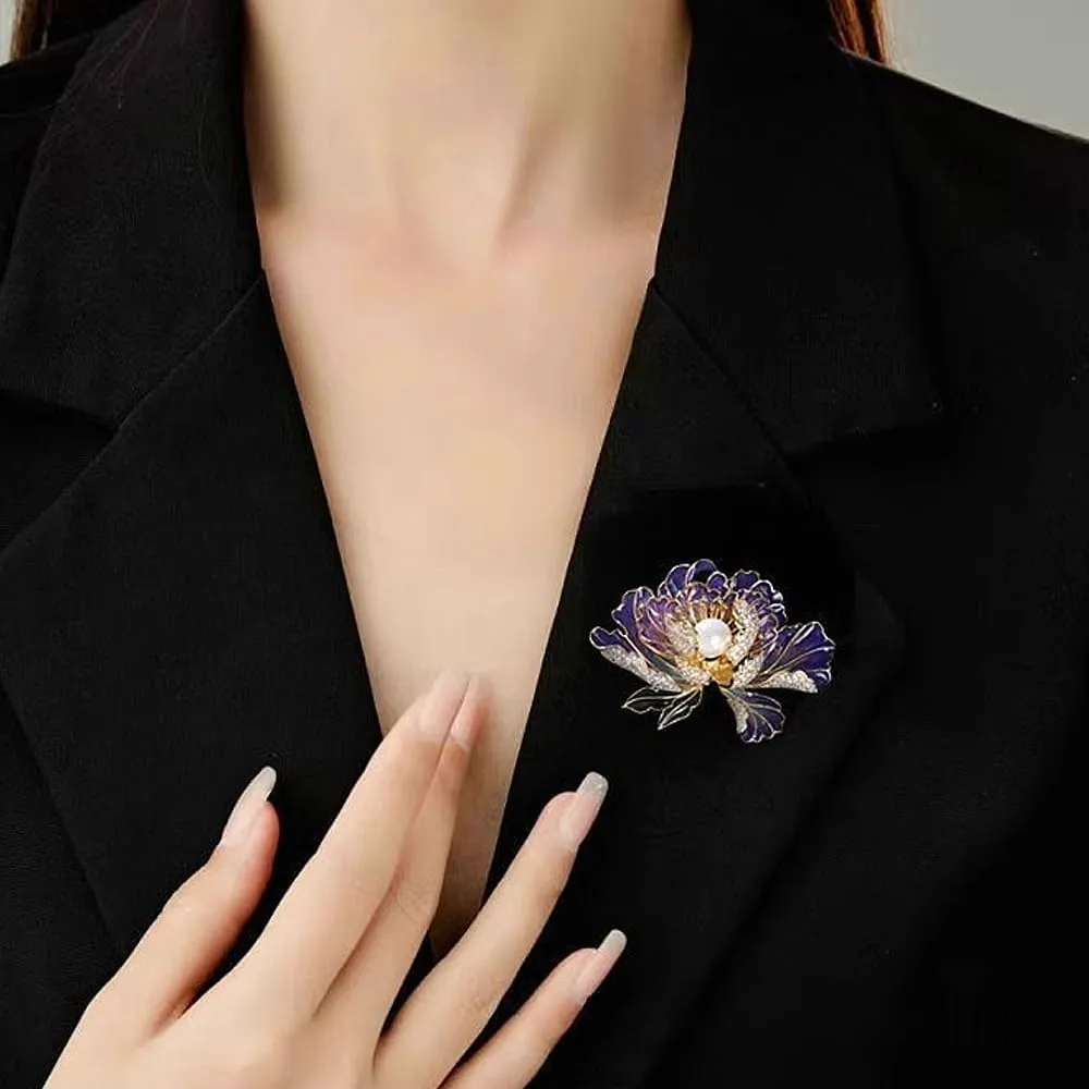 Dainty Flower Brooch Pins for Women Graceful Cubic Zircon Peony Pearl Enamel Badges Lapel Pins Trendy Banquet Prom Dress Jewelry Accessories Gift
