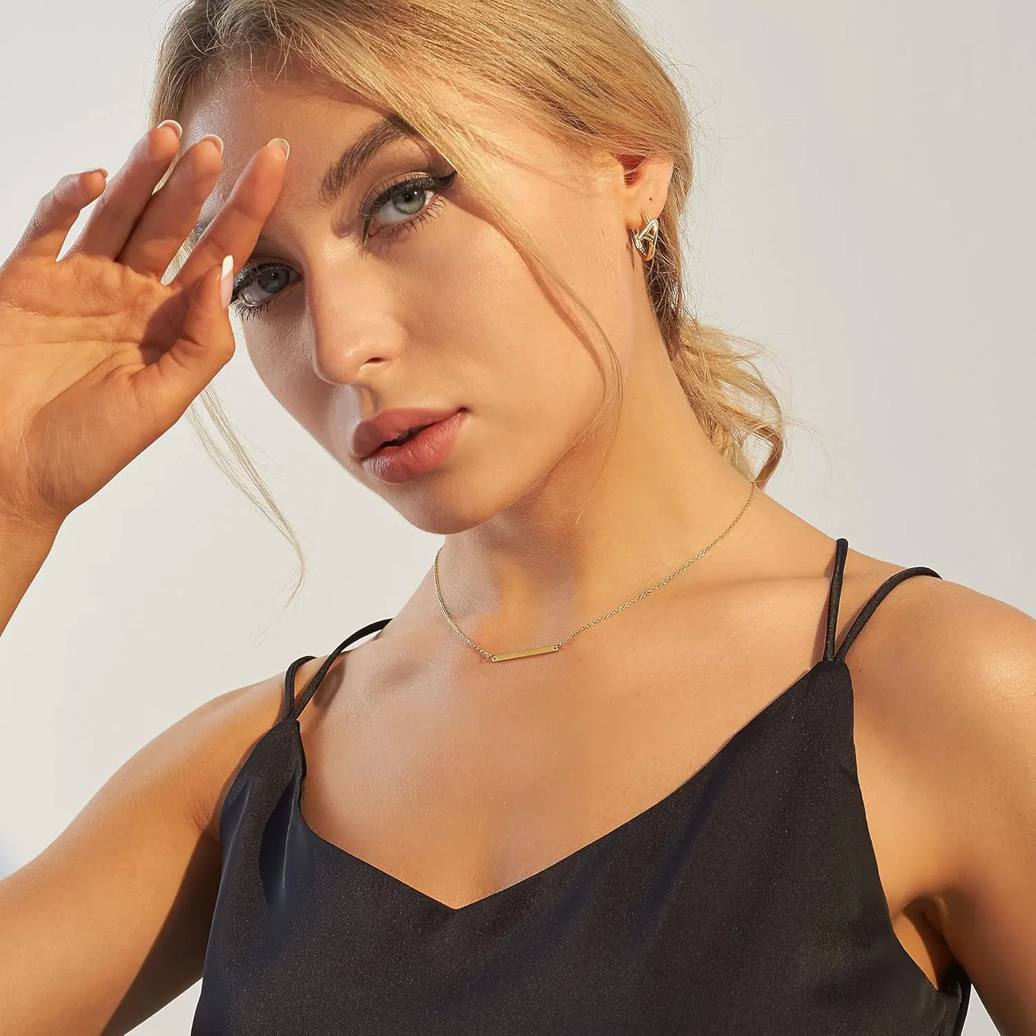 Dainty Gold Layered Bar Neckalce Moon Pendant Lariat Y Necklace 14K Gold Simple Necklace for Women