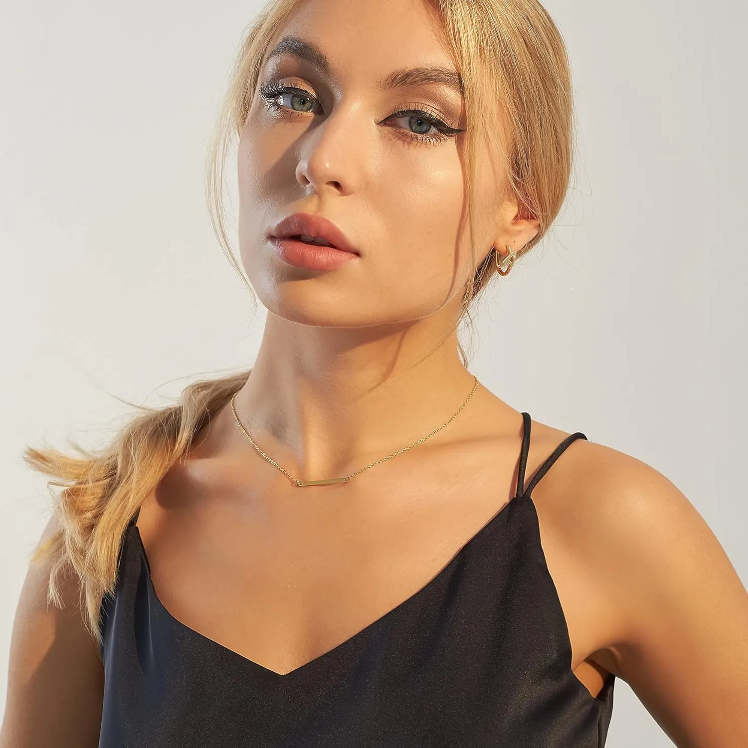 Dainty Gold Layered Bar Neckalce Moon Pendant Lariat Y Necklace 14K Gold Simple Necklace for Women