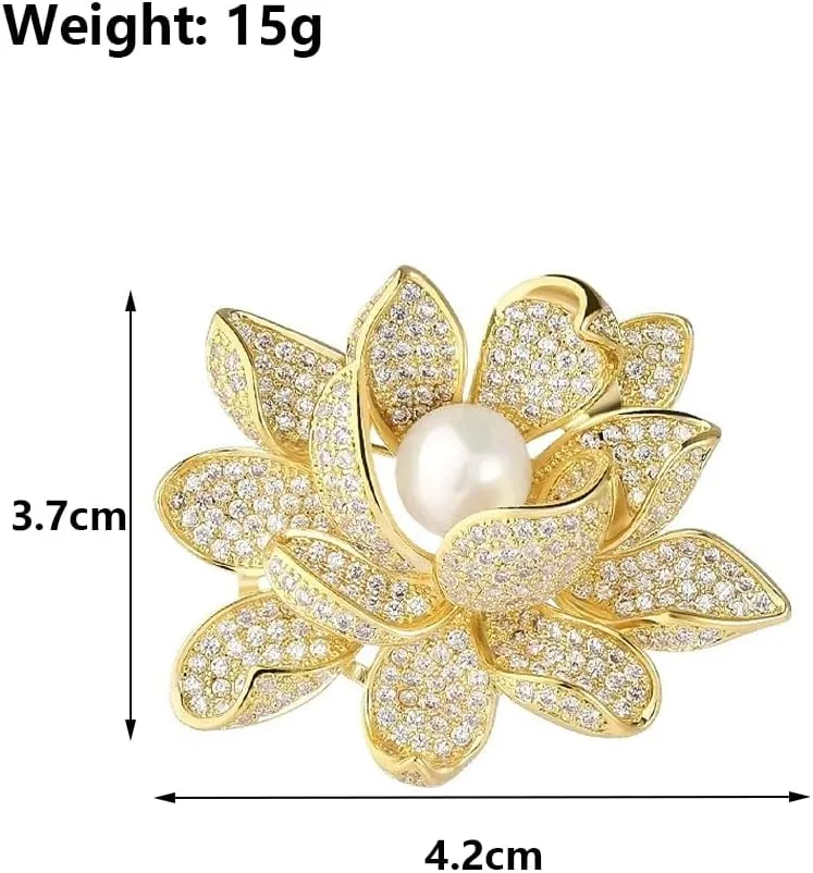 Dainty Gold Rhinestone Flower Brooch Graceful Luxurious CZ Pearl Floral Brooch Pin Trendy Banquet Jewelry Accessories Gift for Women Ladies