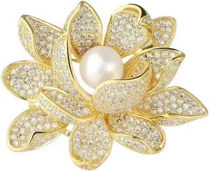 Dainty Gold Rhinestone Flower Brooch Graceful Luxurious CZ Pearl Floral Brooch Pin Trendy Banquet Jewelry Accessories Gift for Women Ladies