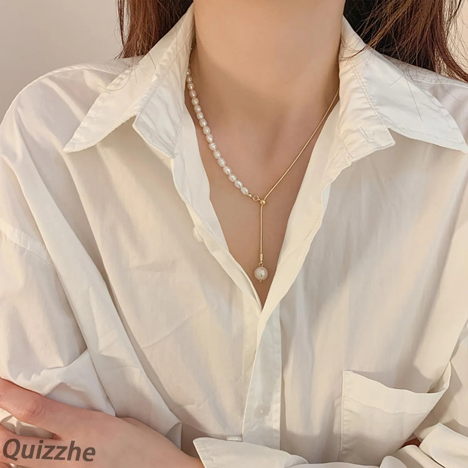 Dainty Vintage Layered Pearl Necklace Gold Toggle Clasp Paperclip Chain Necklace Bohemian Beaded Necklace Punk Baroque Pearl Trendy Prom Necklace for Women
