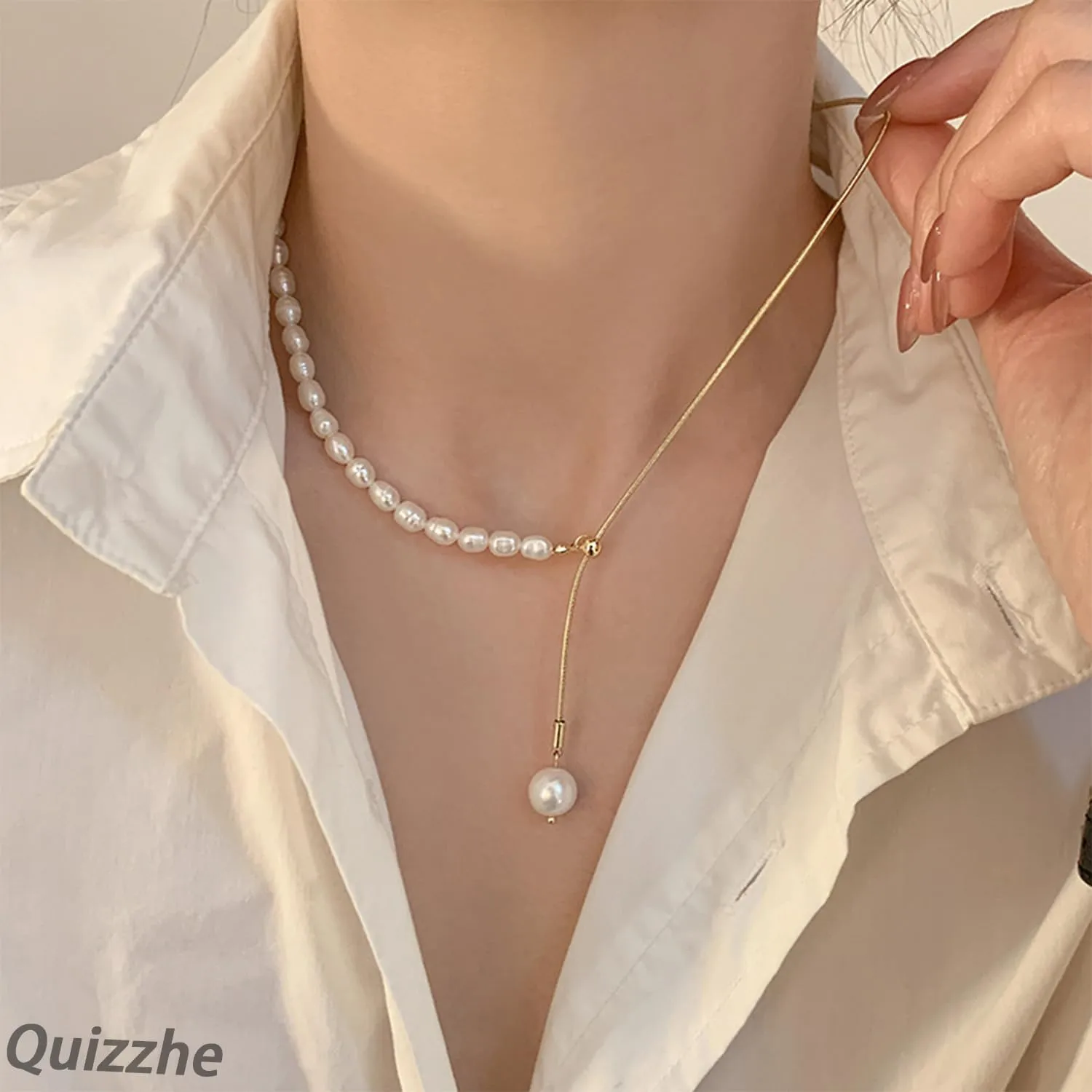 Dainty Vintage Layered Pearl Necklace Gold Toggle Clasp Paperclip Chain Necklace Bohemian Beaded Necklace Punk Baroque Pearl Trendy Prom Necklace for Women